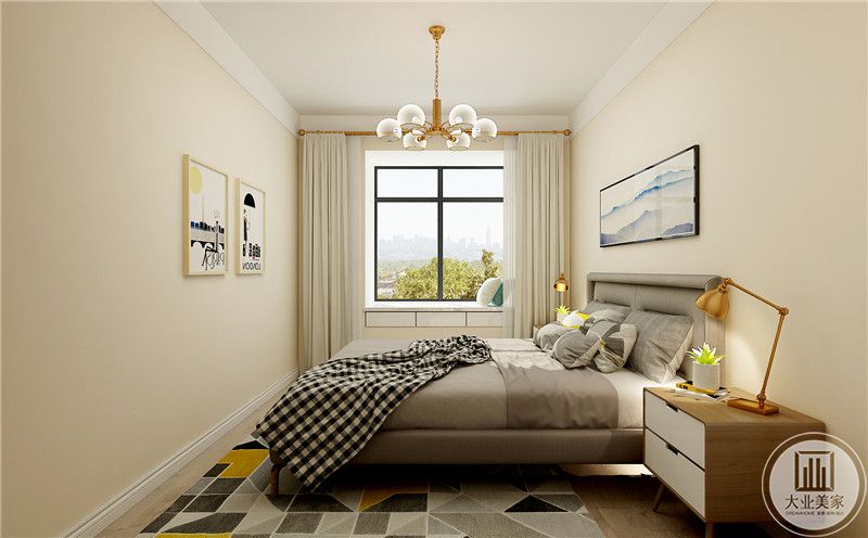 老人卧室的床尾墙面采用浅色壁纸，墙面采用两幅现代装饰画装饰。