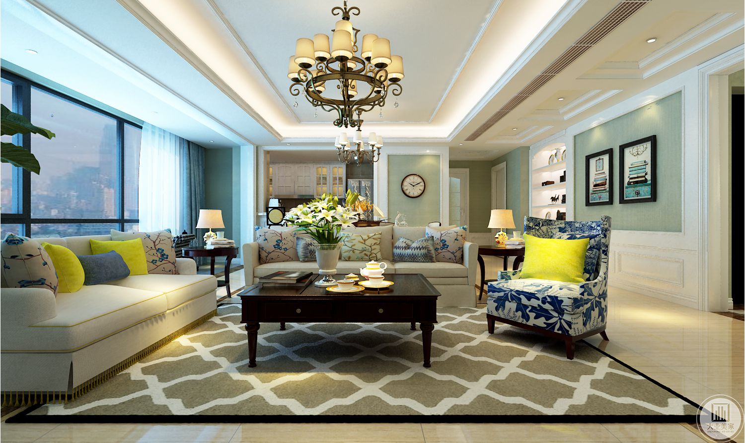 客厅装修效果图：白色沙发搭配黑色装修效果图，浅色木纹砖搭配浅绿色地毯。